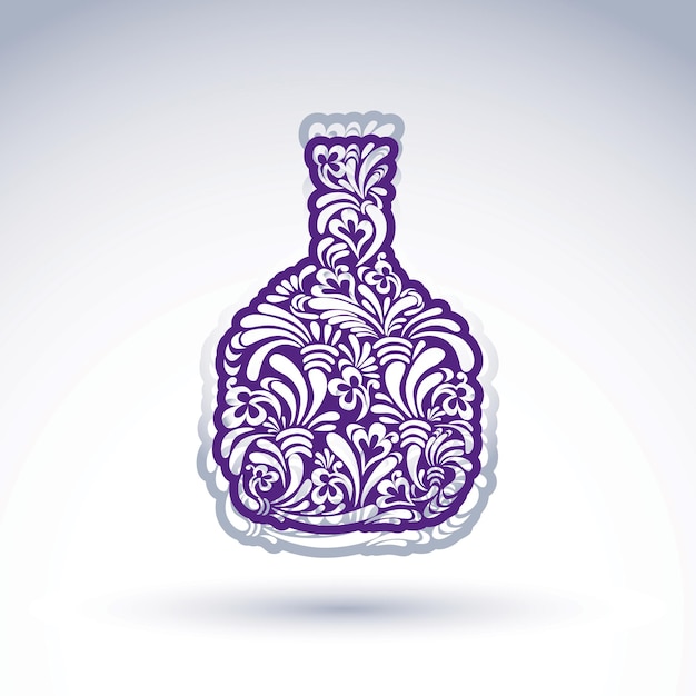 Stylized bottle decorated with ethnic vector flower pattern. alcohol idea illustration, elegant graphic art flowery pitcher.