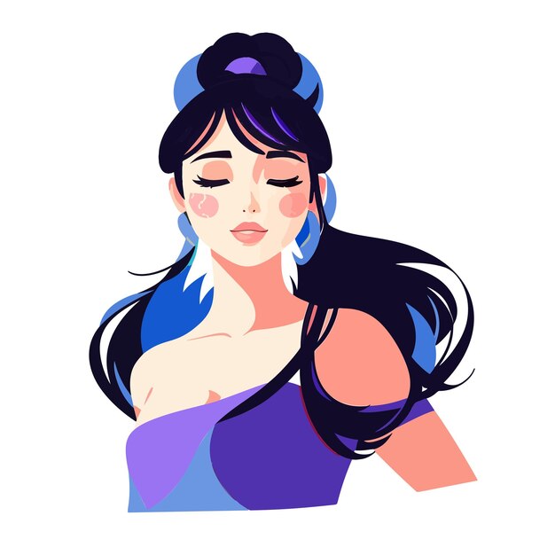 Vector stylized brunette girl with closed eyes long black hair fashion clothing brand logo symbol image of a fashionable girl design for cosmetics and fashion