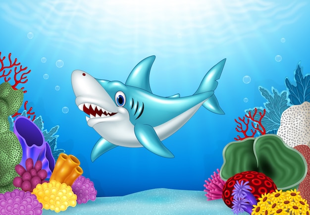 Стилизованная мультяшная сердитая акула с красивым подводным миром
