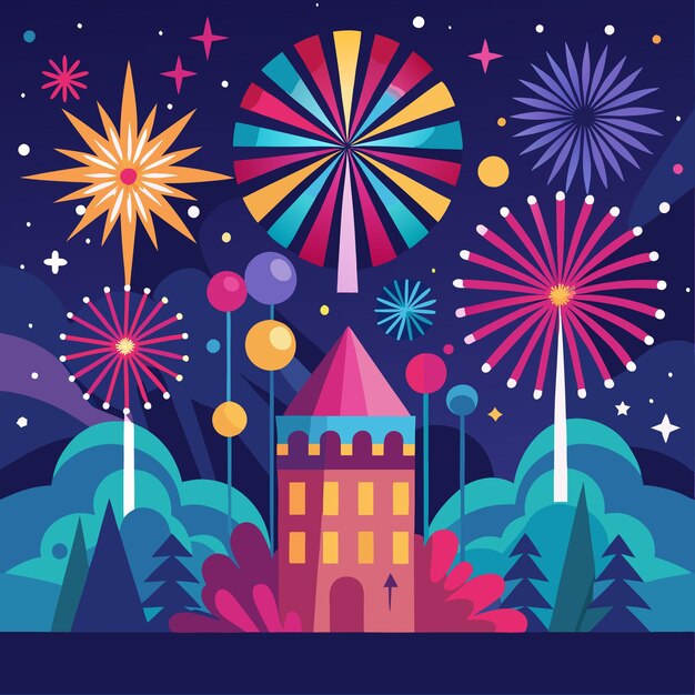 a stylized castle with colorful fireworks exploding in the night sky