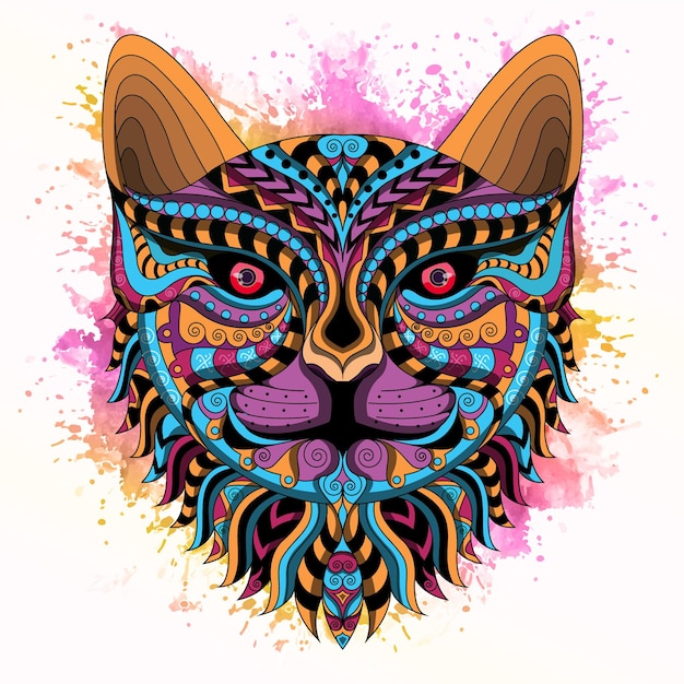 Stylized cat in ethnic vector white background