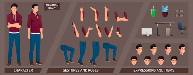 Stylized characters set for animation with caucasian man wearing hoodie and some body parts