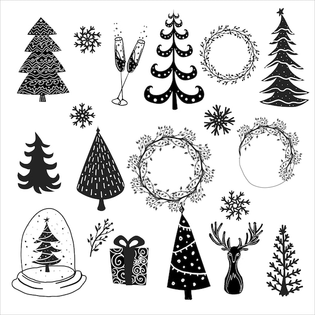 Stylized christmas trees, christmas wreath, reindeer, snowflakes and gifts. glasses of champagne.