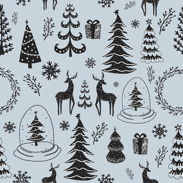 Stylized Christmas trees, Christmas wreath, reindeer, snowflakes and gifts. Seamless pattern.