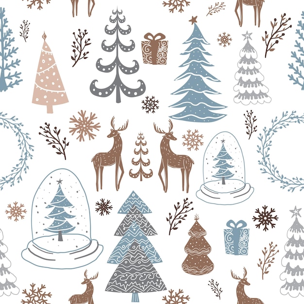 Stylized Christmas trees, Christmas wreath, reindeer, snowflakes and gifts. Seamlesspattern.