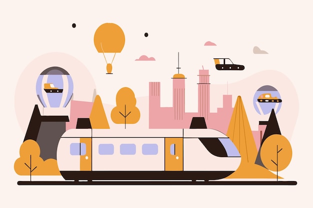 Vector a stylized cityscape with trains selfdriving cars and airships