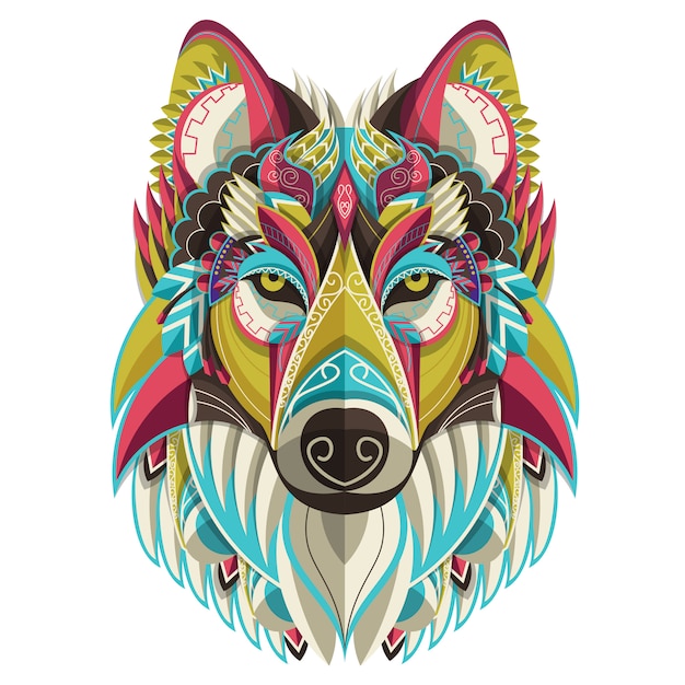 Vector stylized colorful wolf portrait on white background