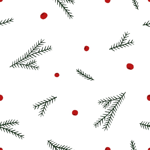 Stylized conifer twigs with red berries. Seamless background. White background.