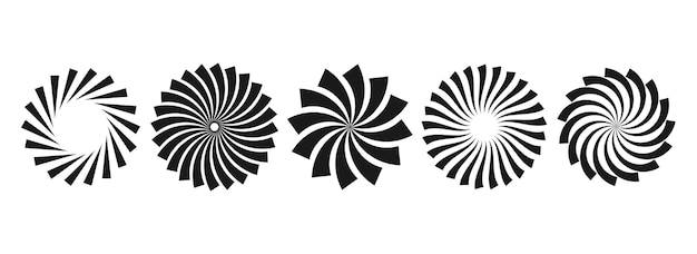 Stylized curl sunburst circles collection Black and white radial twisted element pack Round rays