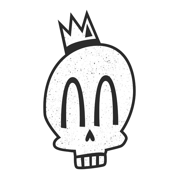 Stylized cute black and white silhouette of a skull wearing a crown smiles with arched eyes Design