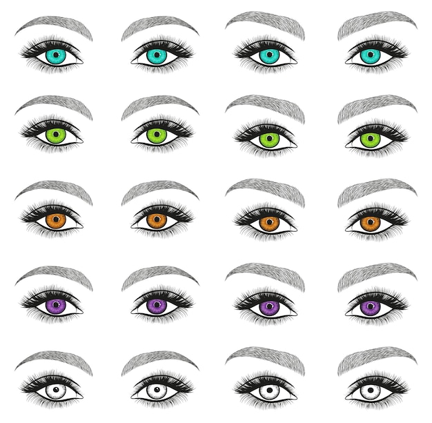 Vector stylized decorative makeup set hand drawn eyes with thick long eyelashes and perfect brows