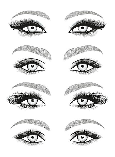 Stylized decorative makeup set hand drawn eyes with thick long eyelashes and perfect brows