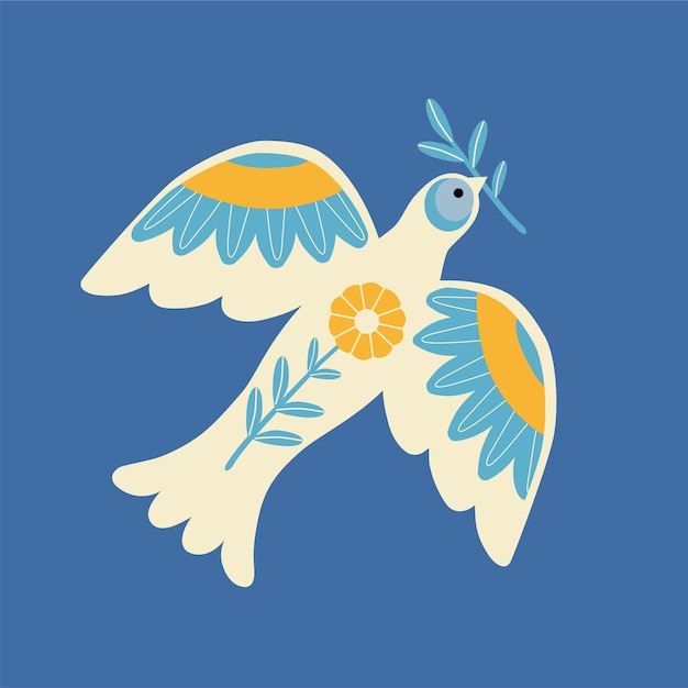 Stylized dove symbol of peace Vector icon isolated on a blue background Peace to Ukraine