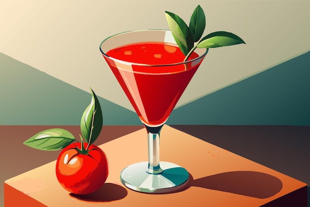 Vettore una bevanda stilizzata in un bicchiere di martini accanto a un pomodoro maturo e al basilico