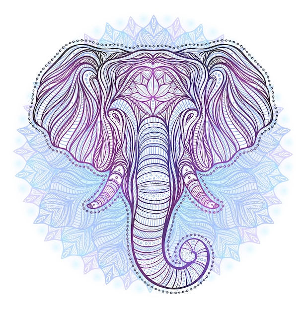 Ritratto stilizzato di elefante boho etnico isolato su sfondo bianco doodle decorativo disegnato a mano