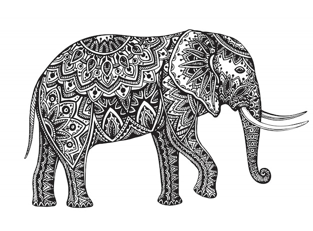 Stylized fantasy patterned elephant. Hand drawn illustration with floral elements.