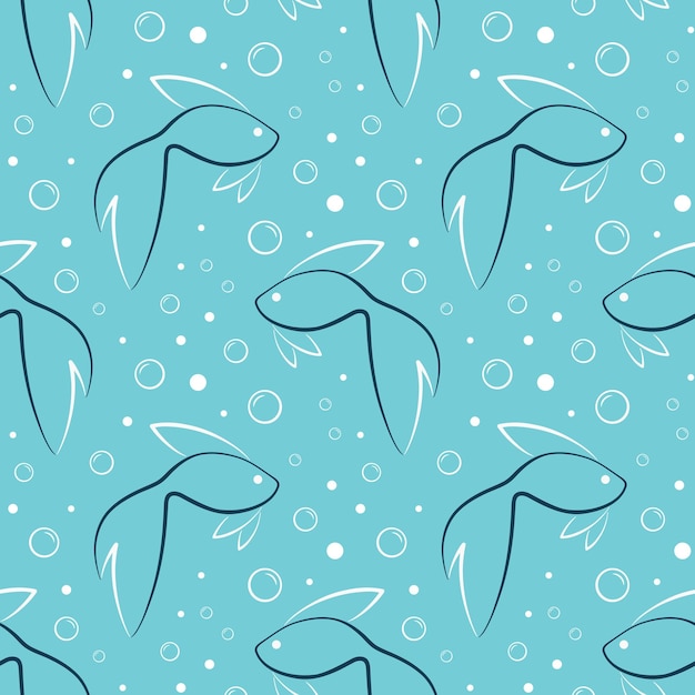 Stylized fishes and bubbles vector seamless pattern Black and white doodle line elements