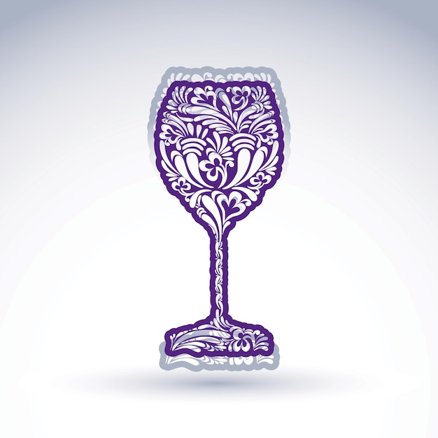 흰색 배경에 격리된 양식화된 꽃무늬 잔, 알코올 음료 테마 삽화. 그림자, 낭만적인 벡터 디자인 요소가 있는 우아한 장식 와인잔.