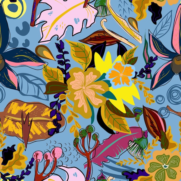 stylized flowers in flat style hand drawn vector seamless pattern retro style