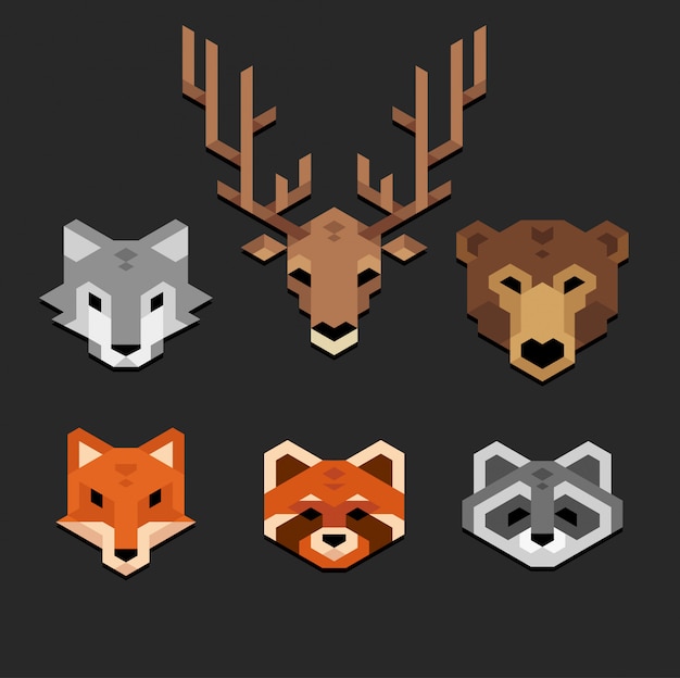 Stylized geometric animal heads set