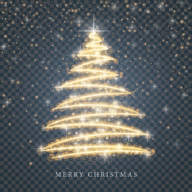 Stylized gold Merry Christmas tree silhouette from shiny circle particles on black transparent background. golden christmas fir illustration