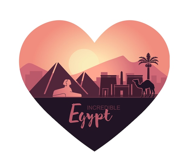 Stylized heartshaped landscape of Egypt at sunset Vector illustration