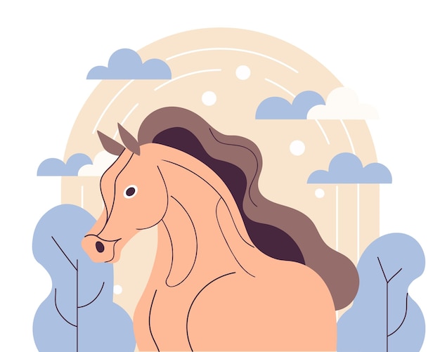 Stylized horse on a nature background with rainbow and clouds Year of the Horse Modern illustration