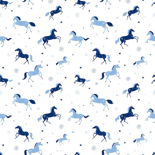 Vector stylized horses galloping in the snow seamless vector pattern