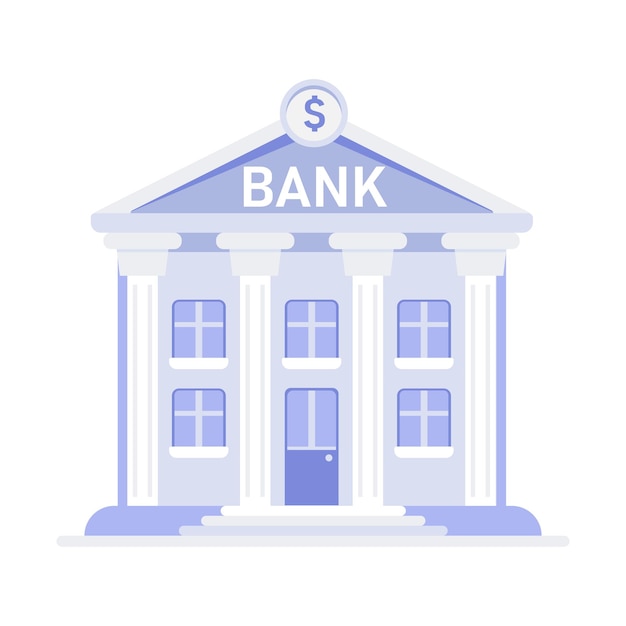 クラシックな銀行建物のスタイライズされたアイコンで,柱とドルのサインがペディメントに描かれています.