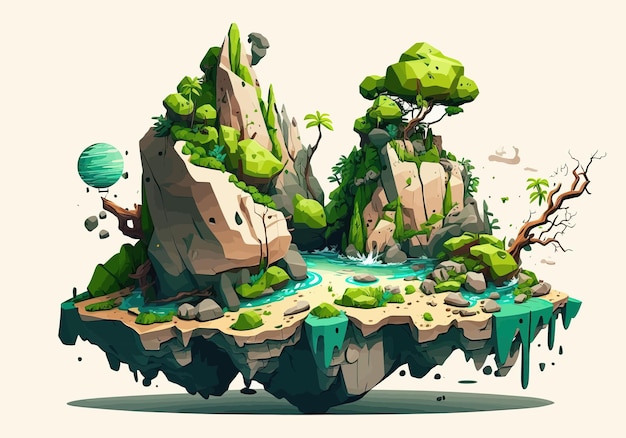 공기 돌에 떠 있는 아름다운 섬의 양식화된 그림바다 디자인 휴일 창의적인 개념 벡터 그림에 있는 생성 AI 생존 정글 평평한 땅