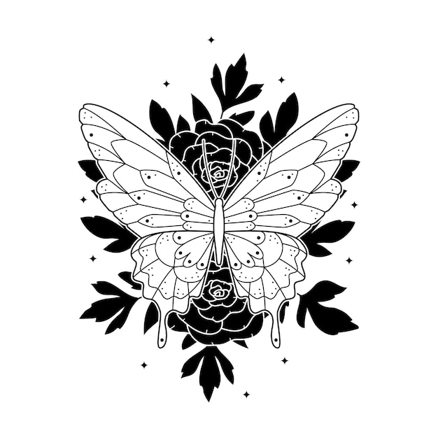 Стилизованная иллюстрация бабочки и цветов Штриховая художественная бабочка с пионами и листьями Черно-белый отпечаток насекомых