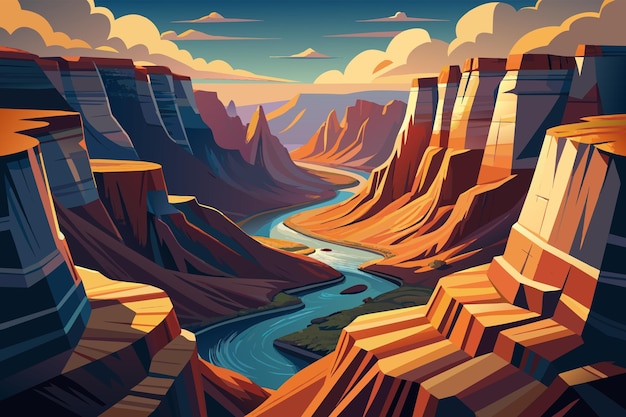 Vettore un'illustrazione stilizzata di un canyon con alte scogliere rosse e arancioni, un fiume che scorre alla base e un cielo vibrante con nuvole morbide