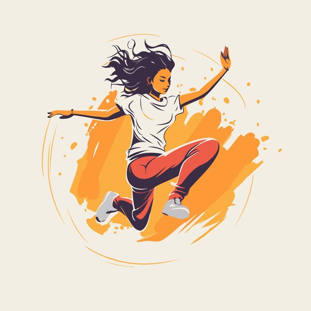 Vector stylized illustration of a girl jumping on a grunge background