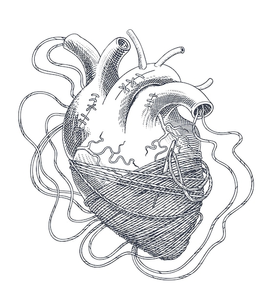 Stylized illustration of heart tangled in threads. Vector