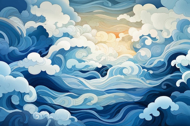 ベクトル 海の波のスタイライズされたイラスト 青い波のパターン 海のパターンの海の風 抽象的な絵
