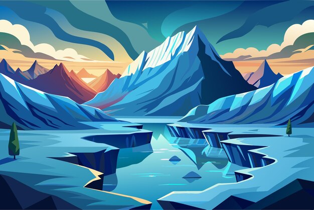 Stylized illustration of a vibrant colorful mountain landscape with sharp peaks covered in snow and a winding river running through deep blue canyons