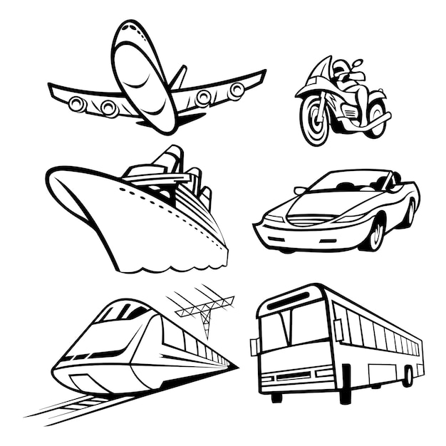 Vector stylized illustrations of various transportation complete with airplane cruise ship train