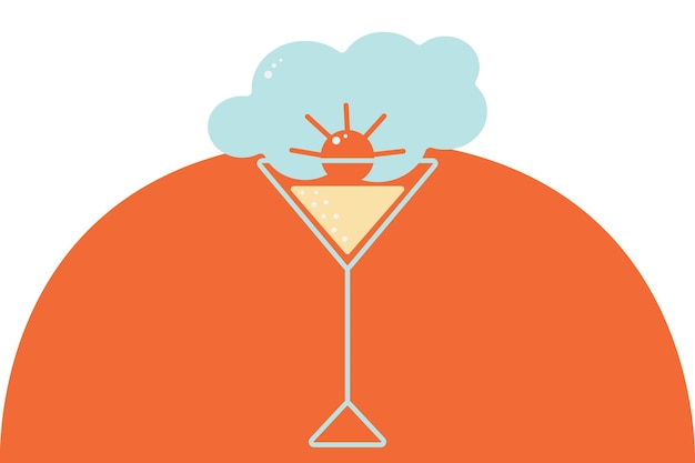 Стилизованное изображение стакана с абстрактным облаком и солнцем на фоне оранжевого круга Изолировать