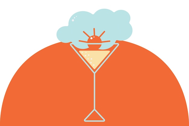 Stylized image of a glass with an abstract cloud and sun on an orange circle background Isolate