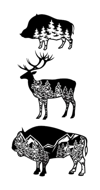 Immagine stilizzata cinghiale cervo bisonte con il paesaggio della foresta di montagne