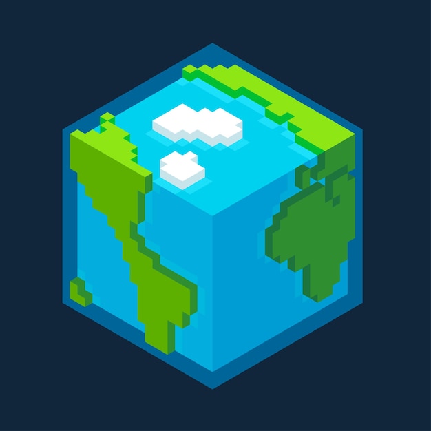 Vector stylized isometric pixel 3d earth