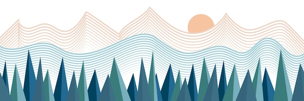 Vector stylized landscape abstract mountain view forest and the setting sun