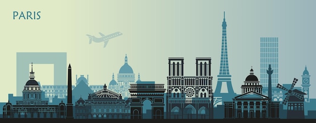 Vector stylized landscape of paris with eiffel tower arc de triomphe and notre dame cathedral and other attractions