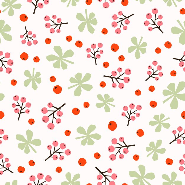 Stylized leaves and branches of berries hand drawn vector seamless pattern flat illustration