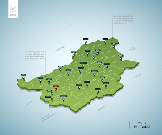Стилизованная карта болгарии. изометрическая 3d зеленая карта с городами, границами, столицей софия, регионами.