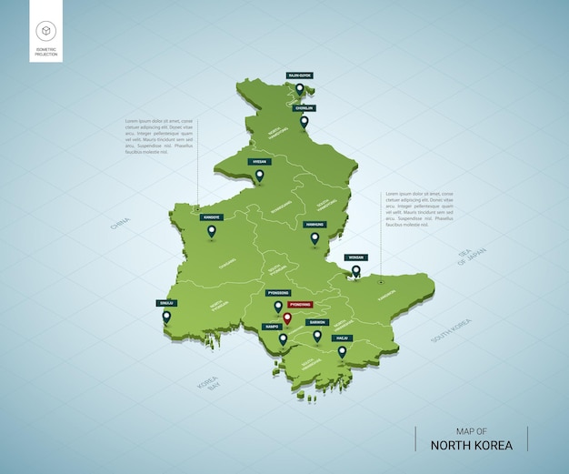 ベクトル 都市と北朝鮮の等尺性3dグリーンマップの様式化された地図