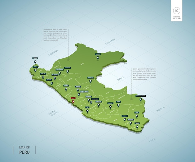 ペルーの定型化された地図。都市、国境、首都リマ、地域の等尺性3dグリーンマップ。