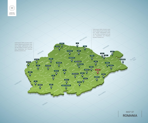 ルーマニアの様式化された地図。都市、国境、首都、地域の等尺性3dグリーンマップ。