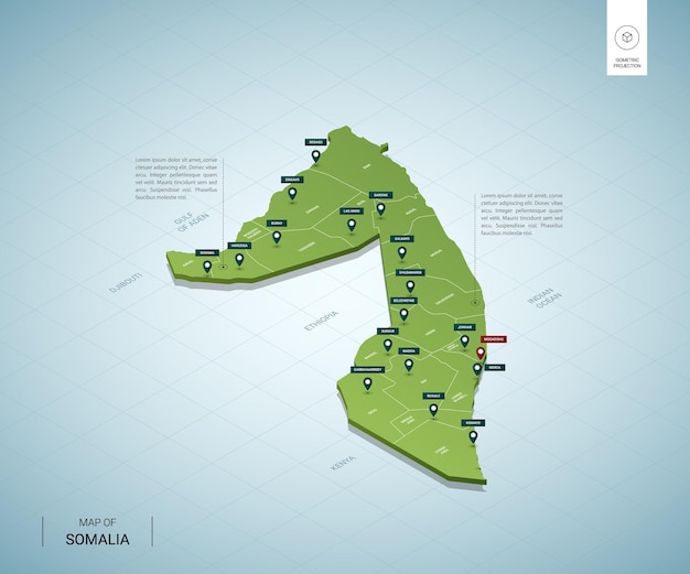 Стилизованная карта сомали. изометрическая трехмерная зеленая карта с городами, границами, столицей могадишо, регионами.