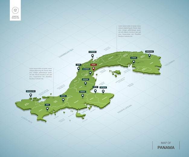 Stylized map of panama. isometric 3d green map with cities, borders, capital, regions.